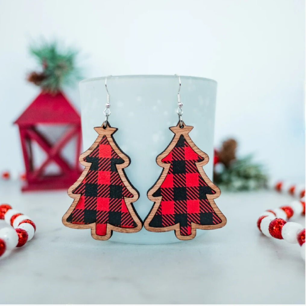 Red Buffalo Check Christmas Tree Dangle Earrings