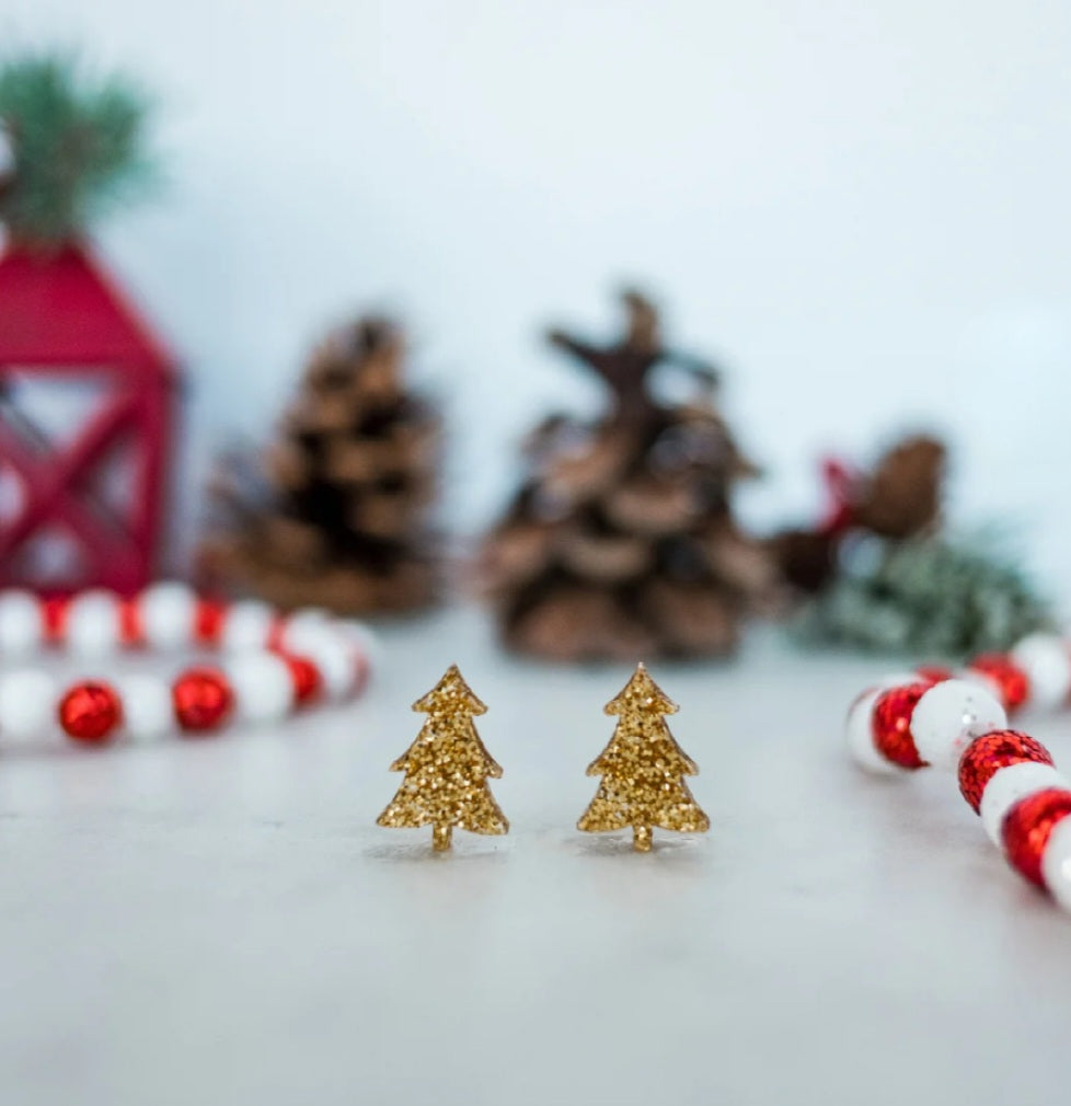 Gold Glitter Christmas Tree Studs Earrings