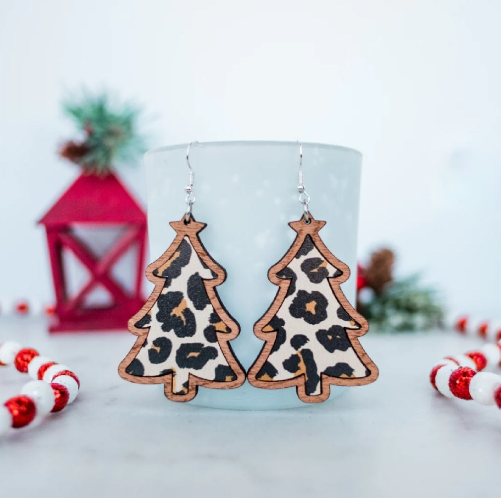 Leopard Christmas Tree Dangle Earrings
