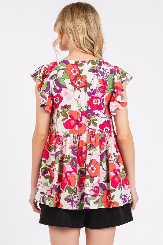 Mittoshop Floral V-Neck Ruffled Cap Sleeve Blouse