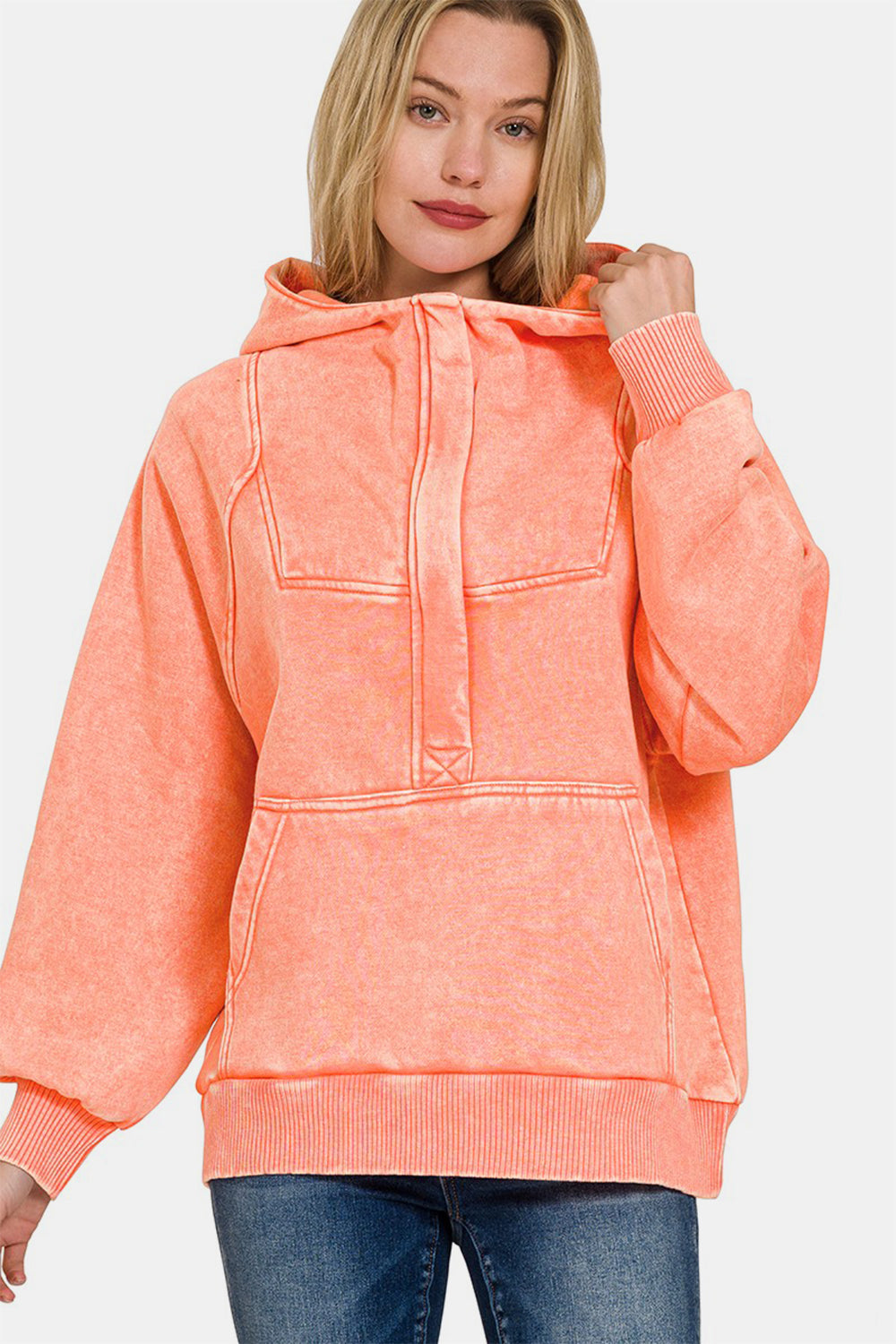 Zenana Acid Wash Fleece Kangaroo Hoodie