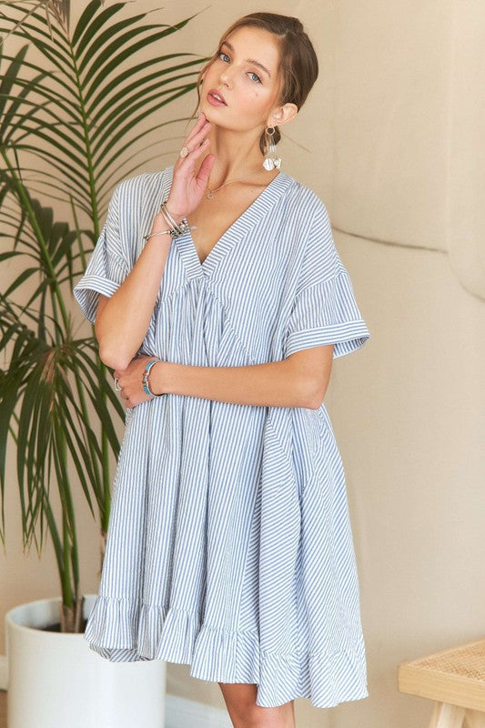 ADORA Ruffled Hem Striped V-Neck Babydoll Dress