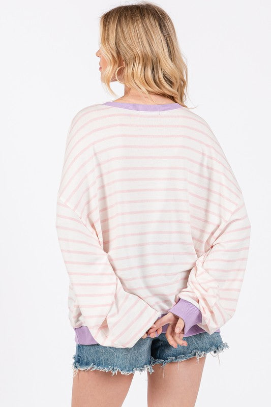 Ces Femme Striped Round Neck Drop Shoulder Sweatshirt