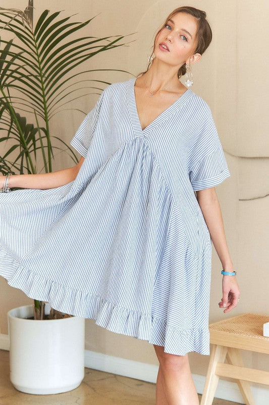 ADORA Ruffled Hem Striped V-Neck Babydoll Dress