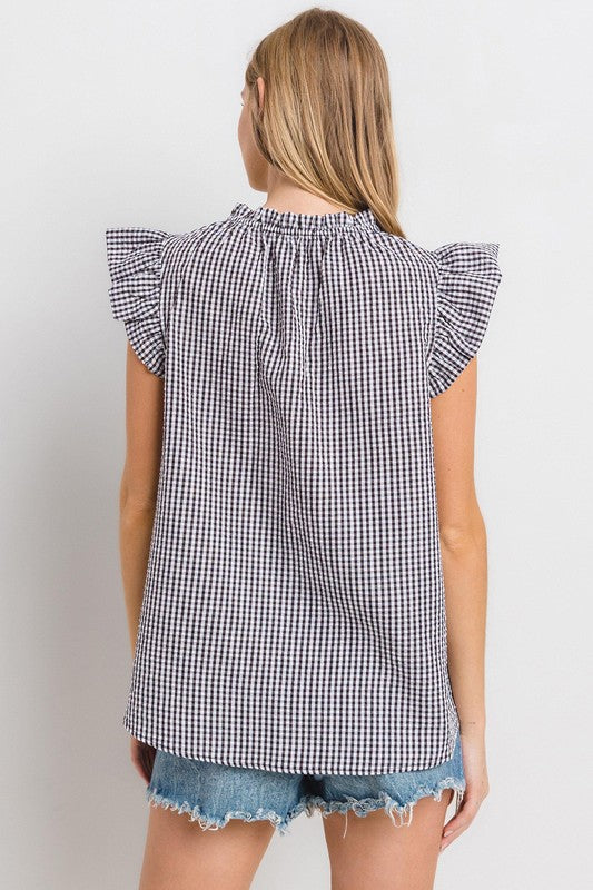 Ces Femme Plaid Notched Ruffled Cap Sleeve Blouse