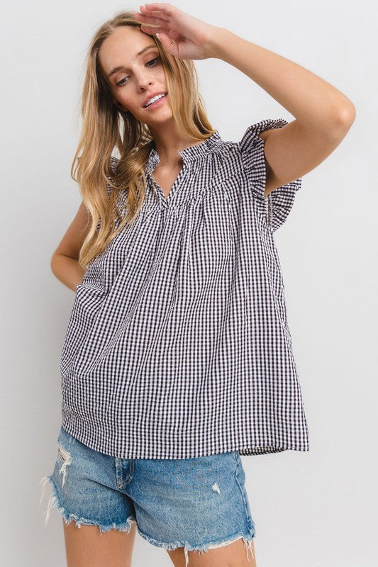 Ces Femme Plaid Notched Ruffled Cap Sleeve Blouse