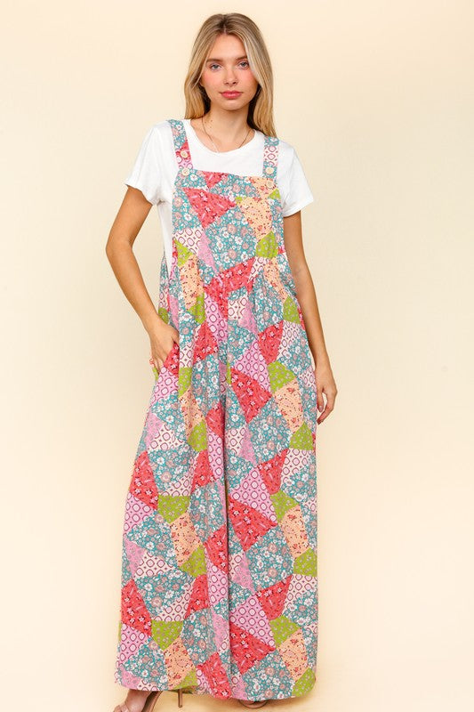 Haptics Full Size Printed Wide Leg Overalls with Side Pockets