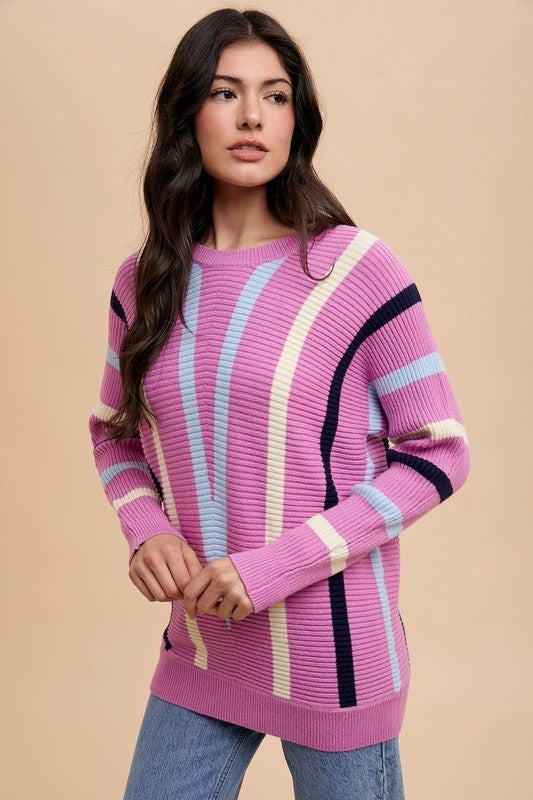 Annie Wear Chevron Stripe Round Neck Ribbed Sweater