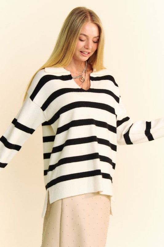 Davi & Dani High-Low Side Slit Striped Johnny Collar Sweater