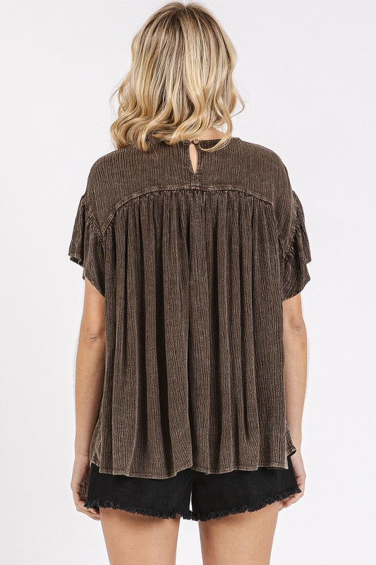 Mittoshop Mineral Washed Round Neck Ruffle Sleeve Blouse