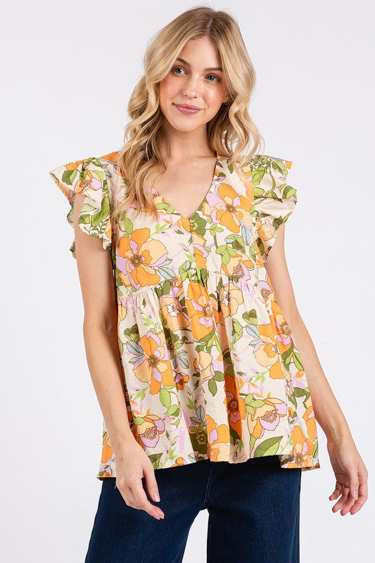 Mittoshop Floral V-Neck Ruffled Cap Sleeve Blouse