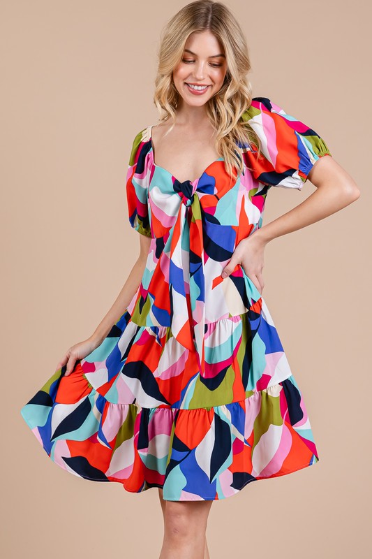 Ces Femme Abstract Print Sweetheart Neck Puff Sleeve Dress