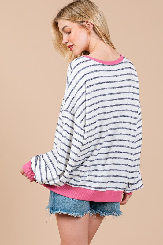 Ces Femme Striped Round Neck Drop Shoulder Sweatshirt