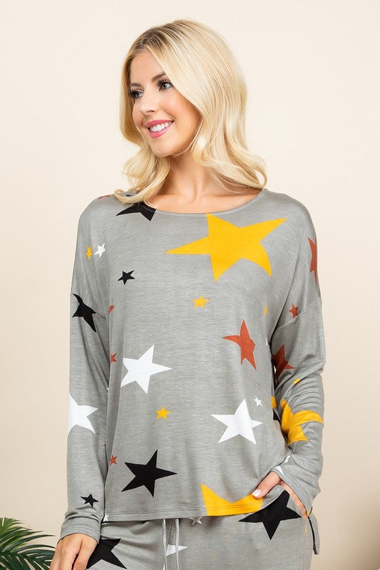 Super Lady High-Low Star Print Long Sleeve Lounge Top