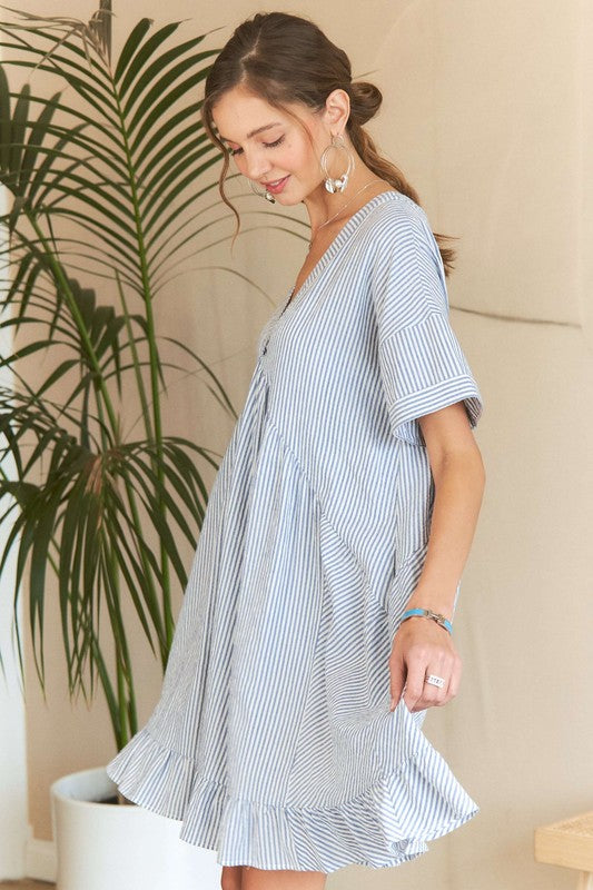 ADORA Ruffled Hem Striped V-Neck Babydoll Dress