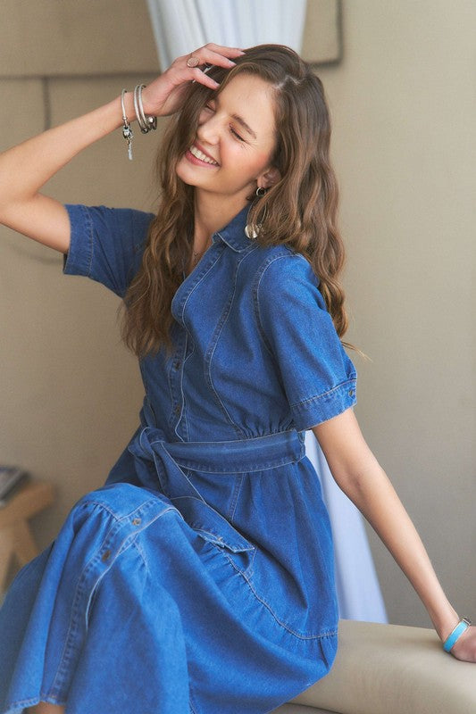 ADORA Tiered Button Down Tie Waist Short Sleeve Denim Dress