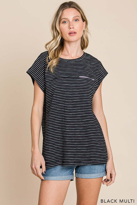 Striped Casual Top w/ Contrast Pocket Detail