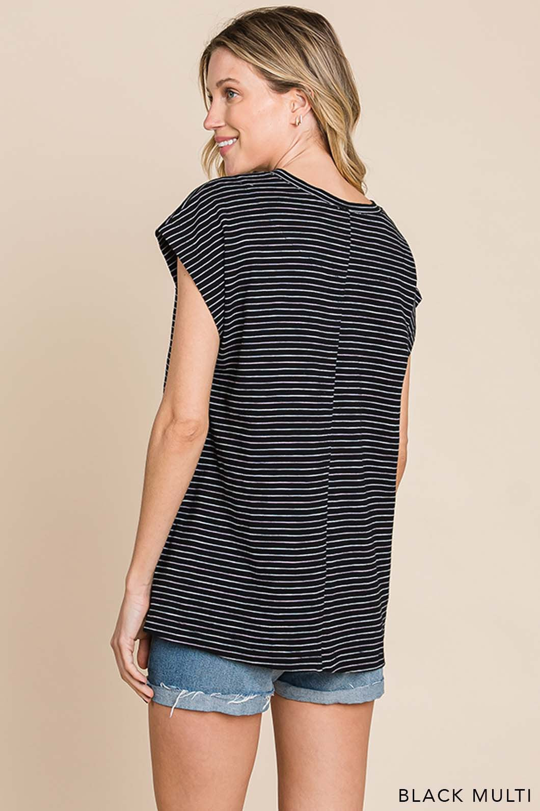 Striped Casual Top w/ Contrast Pocket Detail