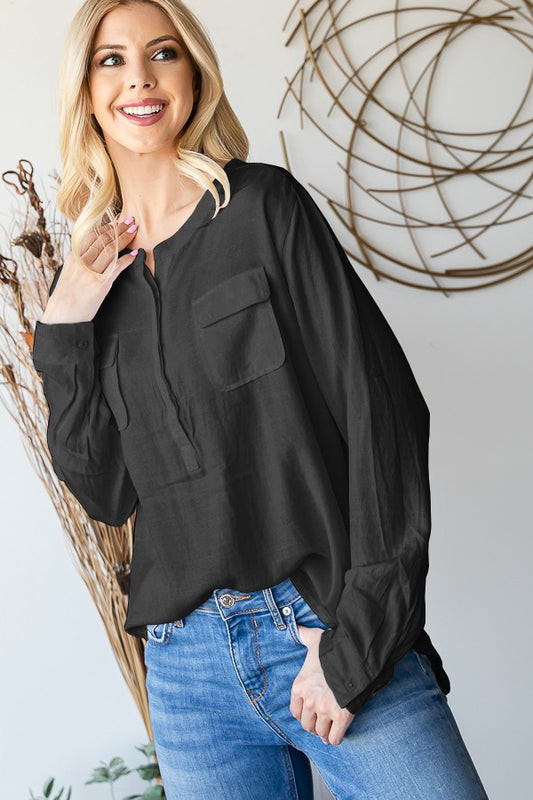 Long Sleeve Round Neck Button Down Blouse