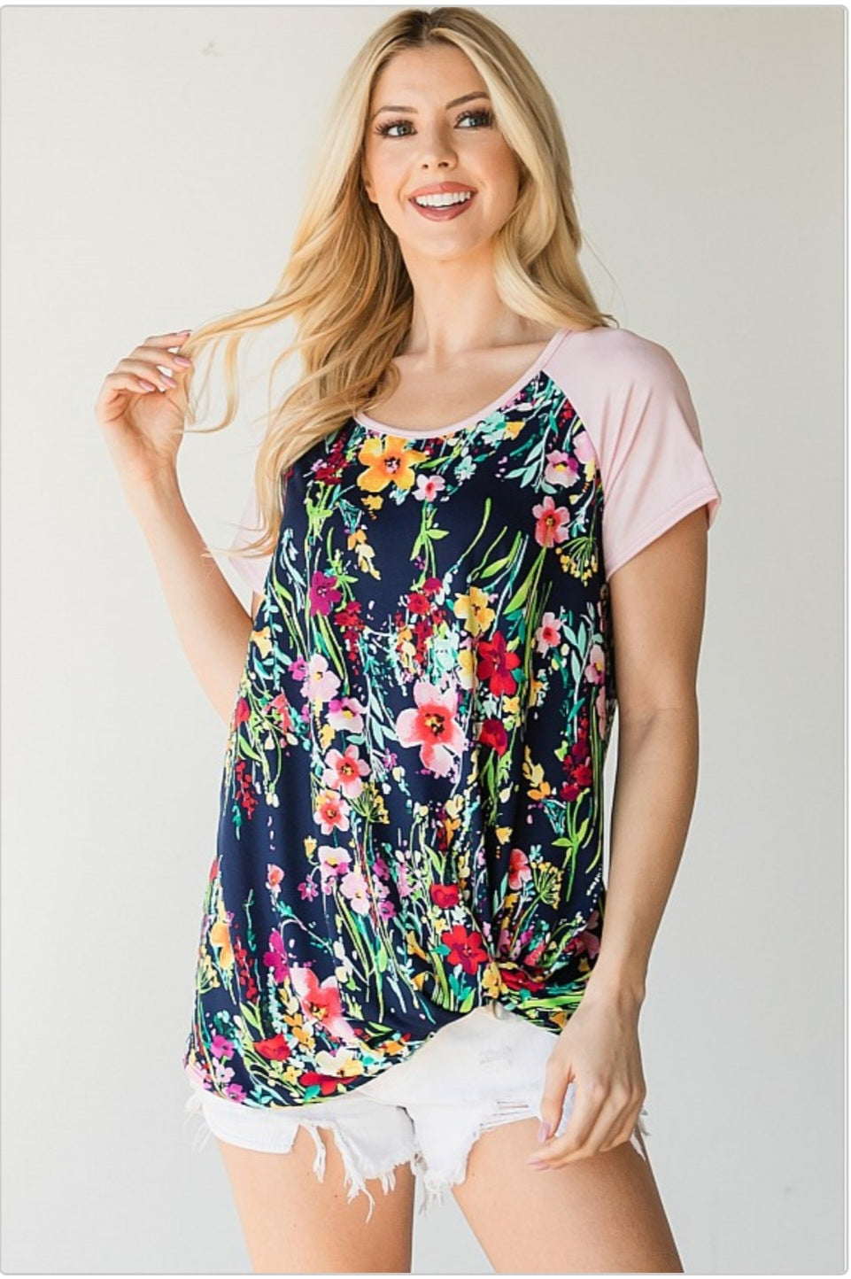 Floral Color Block Front Knot Top