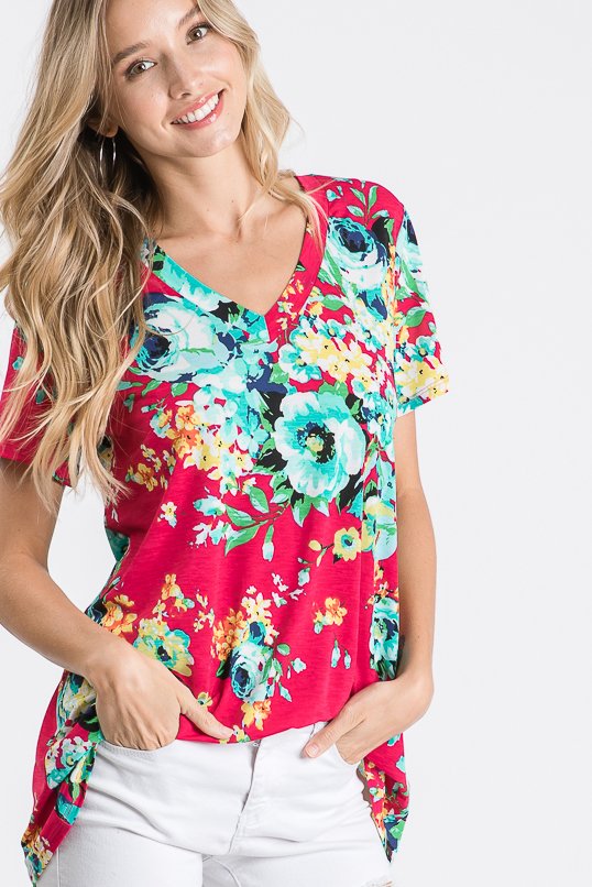 Short Sleeve V-Neck Floral Print Top